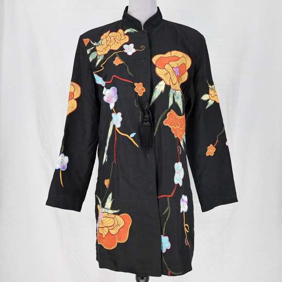 Entice Jackets & Blazers - Entice Jacket Womens 10 Black Orange Floral Applique Embroidery Snaps Tassel Vtg
